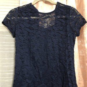 Navy Blue Lace Top - Key Hole Back with Tie - Sz Small
